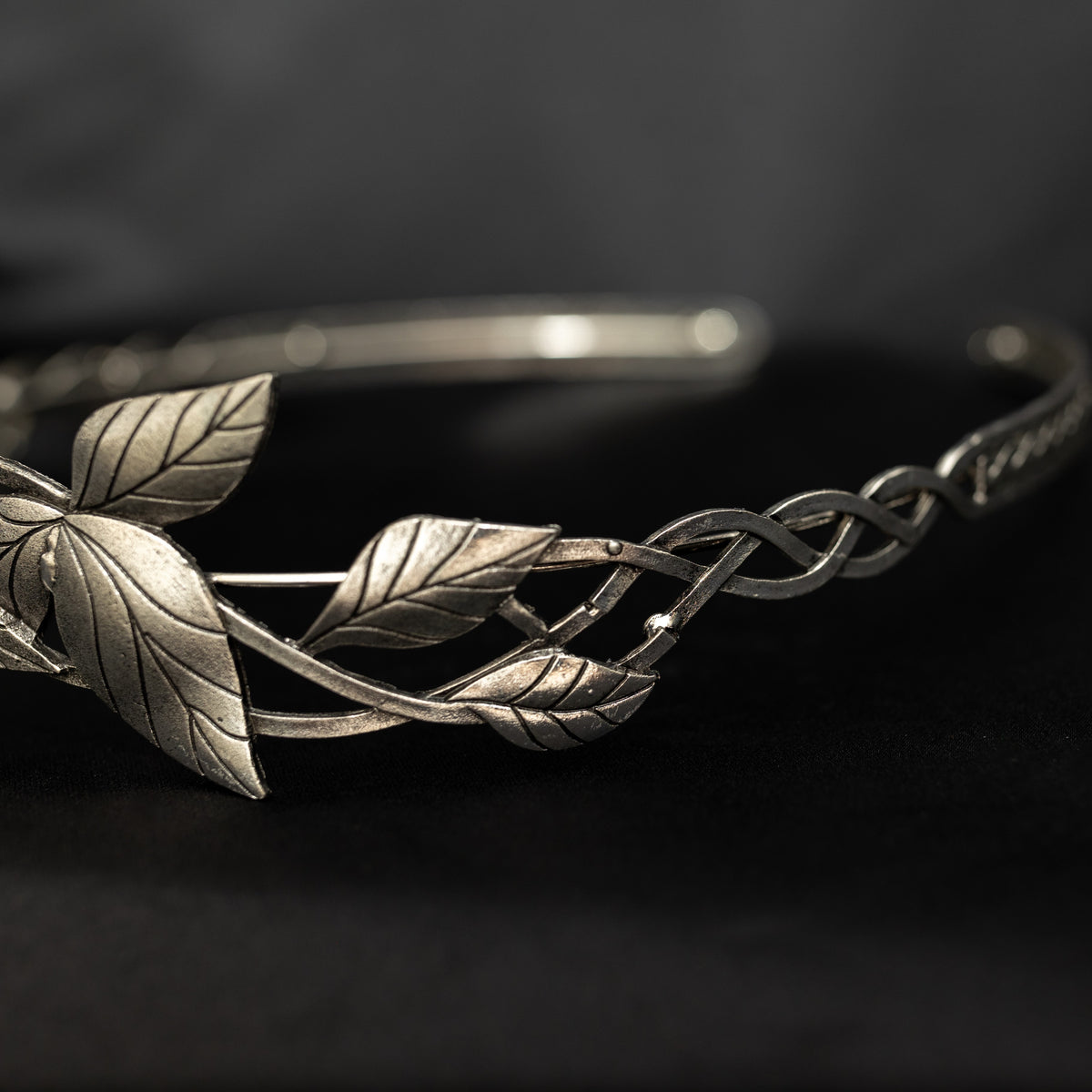 A silver tiara with a central clear stone, surrounded by laurel leaves, set against a black background. Side view