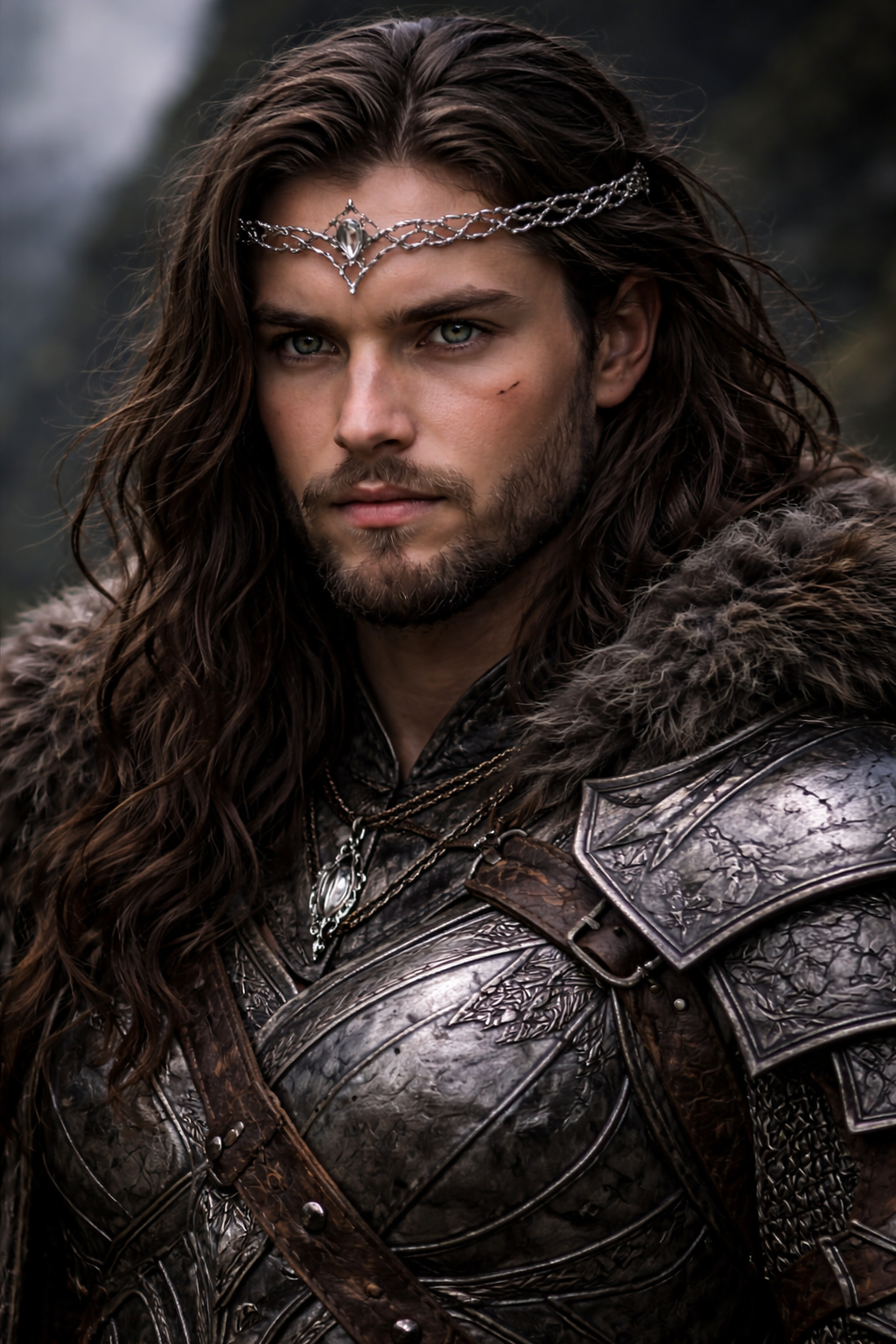 Man in medieval armor with fur collar and chain headpiece against a dark background