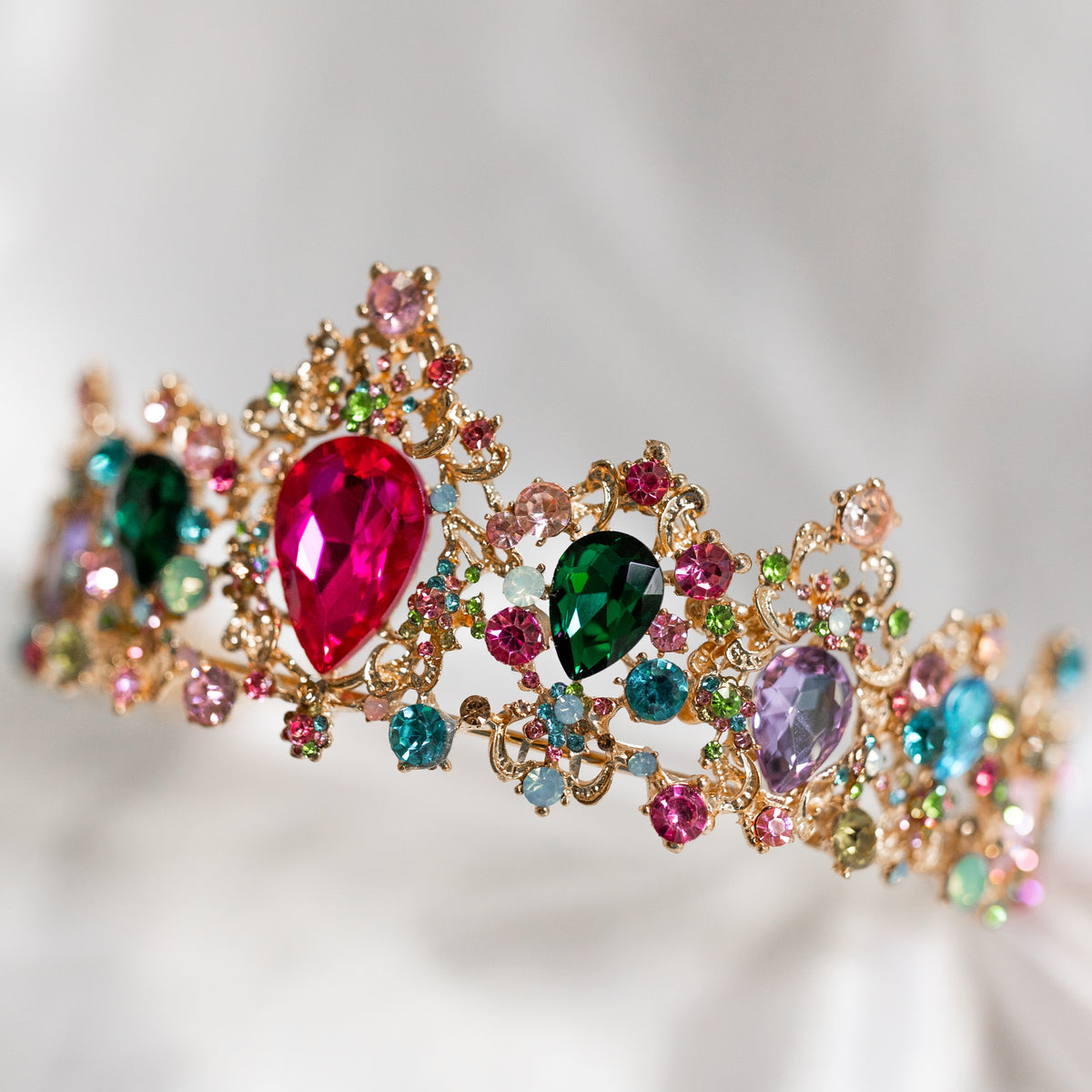 Rose Gold Tiara with Vibrant Fuchsia Gems Gold Fuchsia Rhinestone Flower Wedding Tiara Customize Color  main image 3