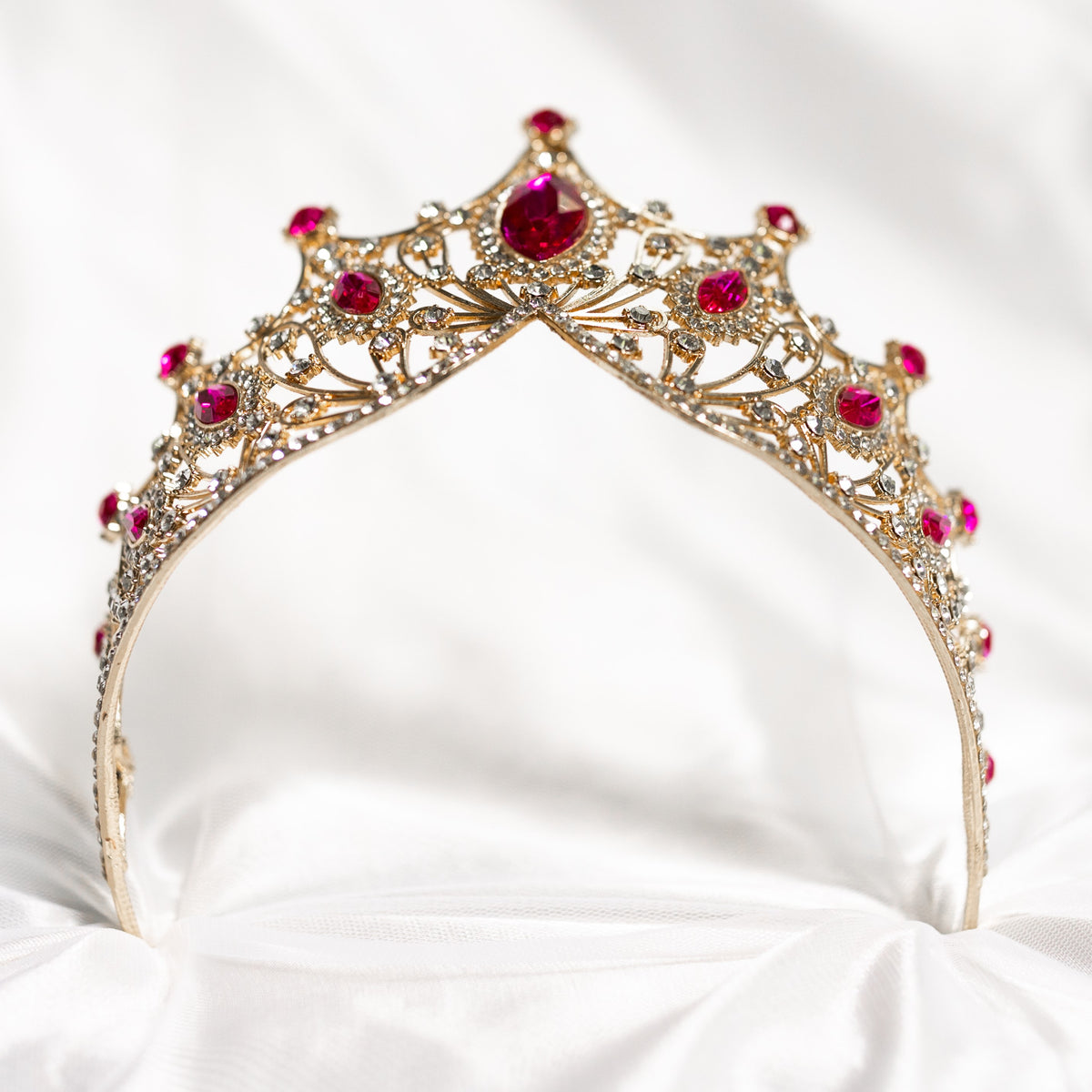 Gold/Red Teardrop Crystal Tiara Continental Premium Gold Ruby Red Contoured Crown Tiara  main image 4