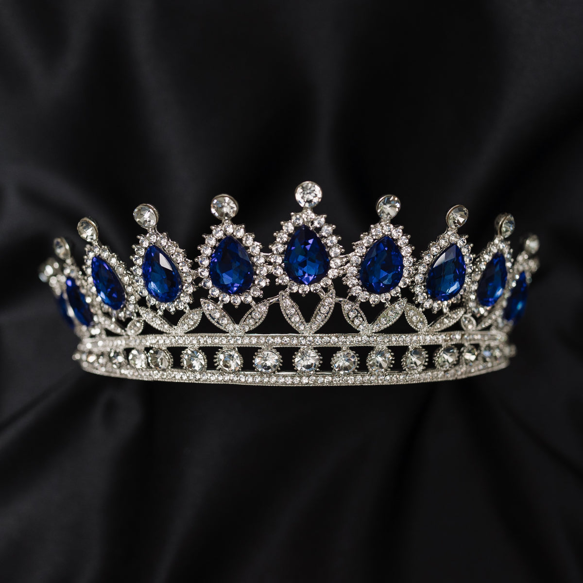 Saya's Tiara in Royal Blue & Silver with blue teardrop crystals and sparkling clear rhinestone crown _ Front