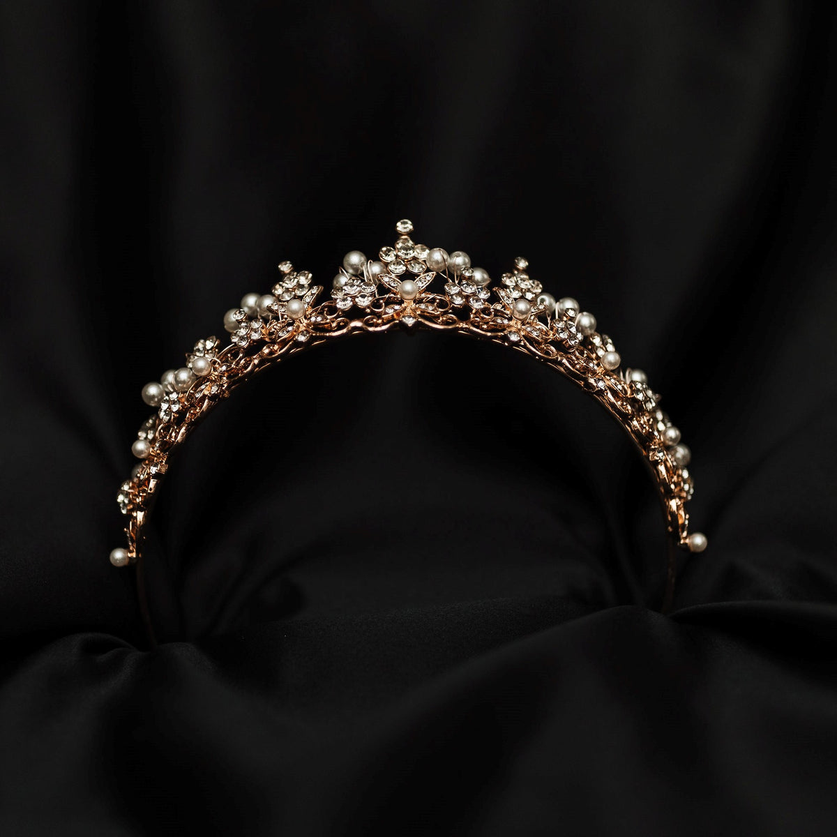 Amber's tiara in rose gold with pearl accents, flowers shaped with crystals - Bottom