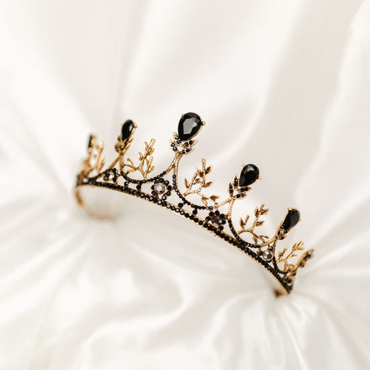 Bianca's Tiara - Black color crystals, yellow gold color metal, five spire design, flower designs from black and gray color crystals - Angle View