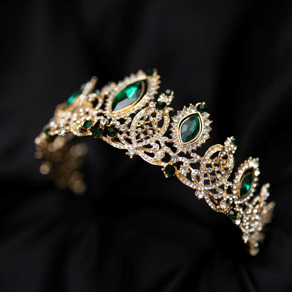 Brianna's Tiara in Green Color Crystals Faux Emerald, Faux Diamond Clear Crystal, Gold Color Metal, Large Size - Angle View