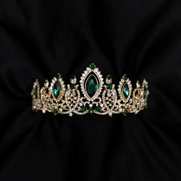 Brianna's Tiara in Green Color Crystals Faux Emerald, Faux Diamond Clear Crystal, Gold Color Metal, Large Size - Front