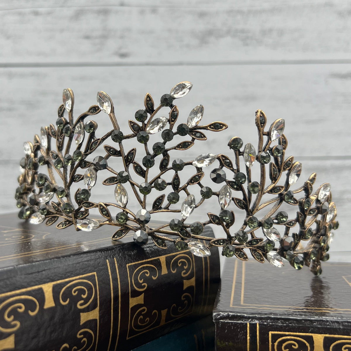 Antique Gold Finished metal with clear and gray crystals in vine design _FrontView