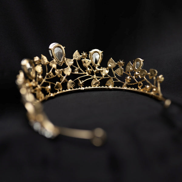 Orla's Tiara in Green Faux Emerald, Faux Diamond Clear Crystal, Leaf Design, Large Size - Back