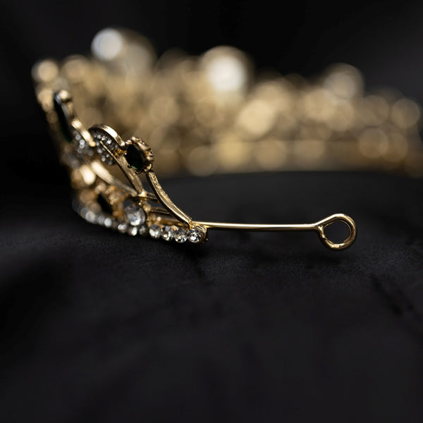 Orla's Tiara in Green Faux Emerald, Faux Diamond Clear Crystal, Leaf Design, Large Size - End