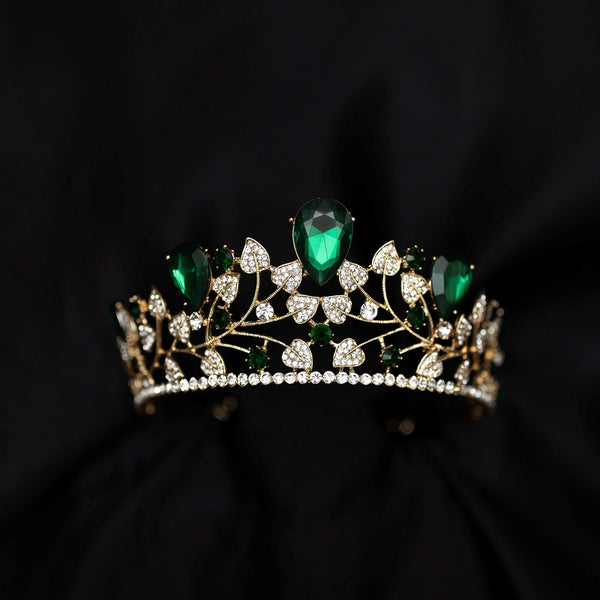 Orla's Tiara in Green Faux Emerald, Faux Diamond Clear Crystal, Leaf Design, Large Size - Front