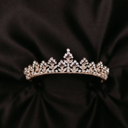Piper - Piper's Tiara in Rose Gold Pink color metal, faux white pearl, faux diamond clear crystal, floret fan design - Front