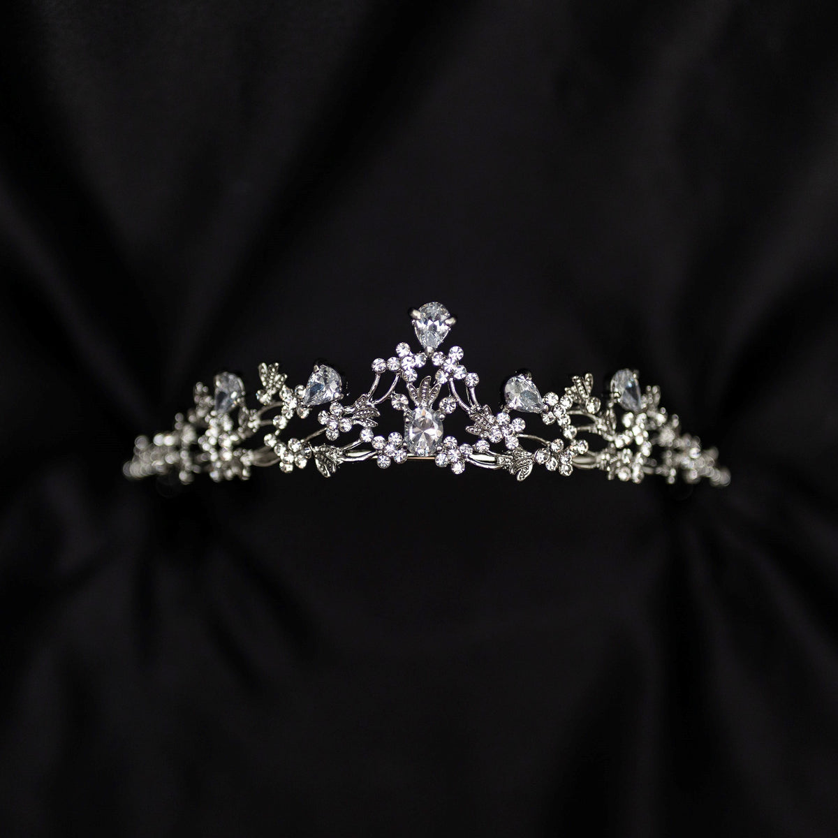 Posey's Tiara - Silver white gold color metal, clear crystal faux diamond, leaf and vine shaped metal, flower designs from crystals, small petite dainty - Front