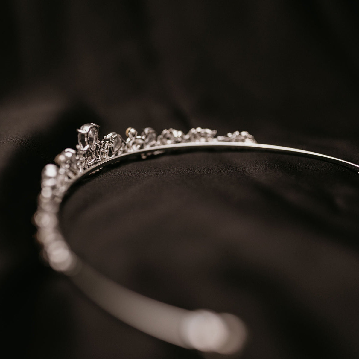 Sadie's Tiara - Petite Small Silver Tiara with Clear Crystals - One larger main crystal tear drop shape and two more tear drop shape crystals on either side, many small clear crystals throughout with leaf and vine metal detailing - Back View