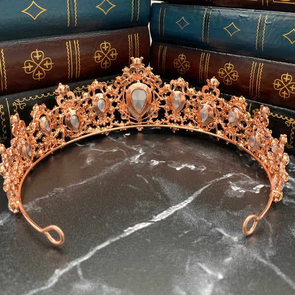Michelle's Tiara in rose gold color metal, pink color crystals, faux diamonds clear crystals, large grand grande - Back
