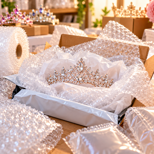 Sparkling crystal tiara nestled in tissue paper and protective bubble wrap, ready for safe shipping.