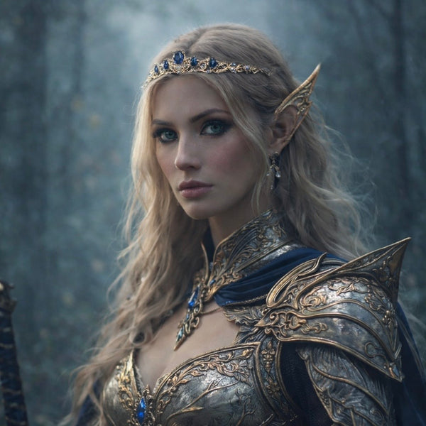 Elven princess in ornate armor with a misty forest background