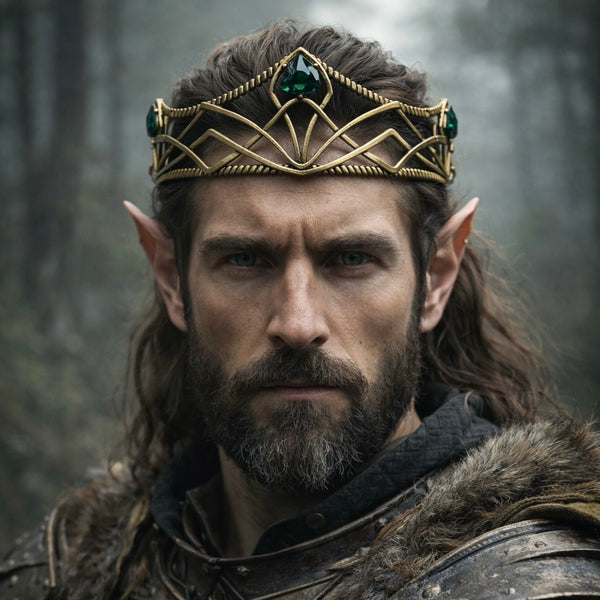 Man with elven features wearing a crown in a forest setting