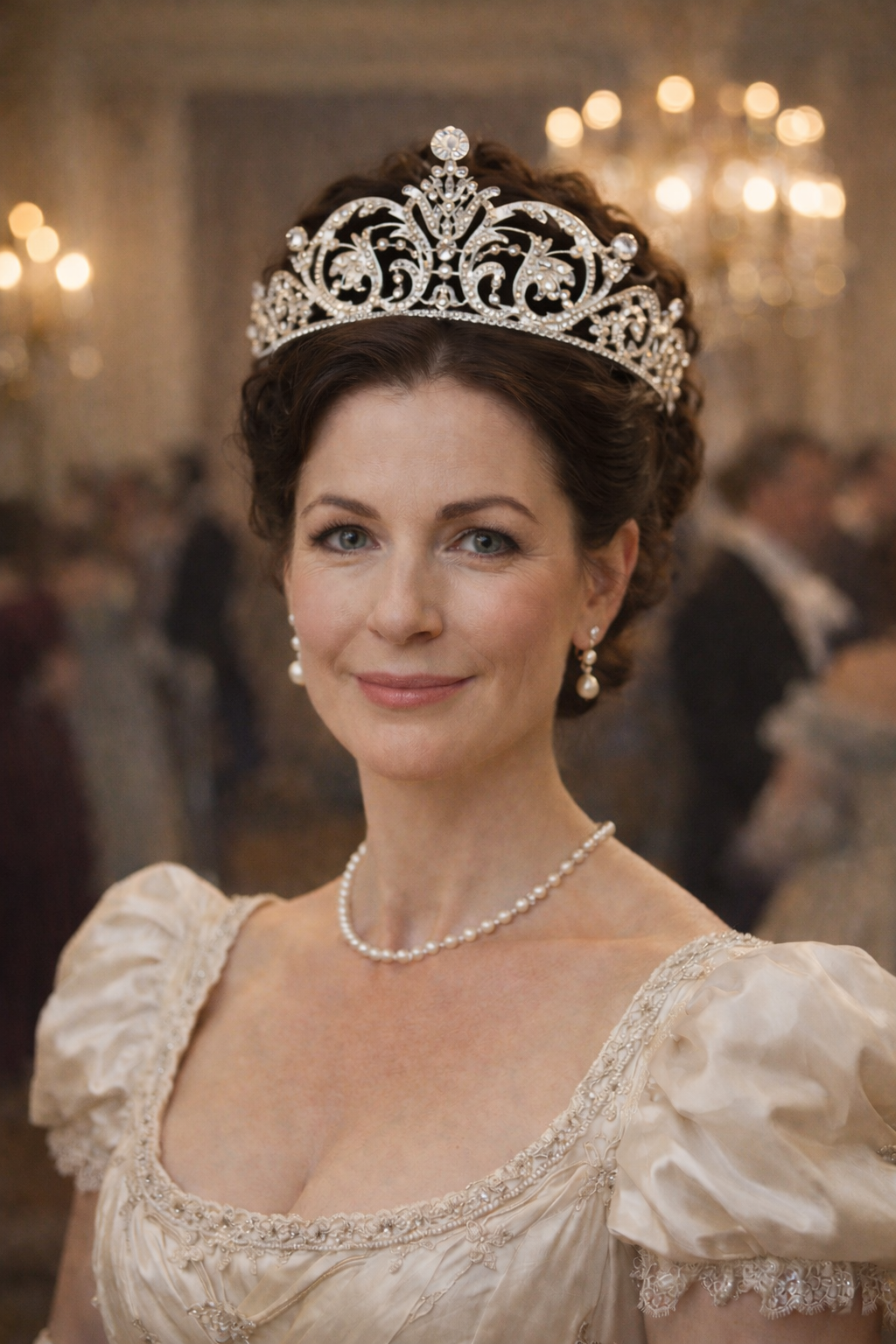 Middle Aged Woman in Regency dress with silver tiara in hair