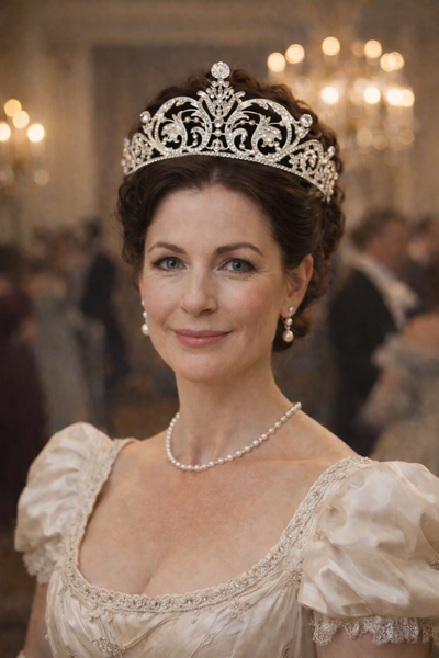 Middle Aged Woman in Regency dress with silver tiara in hair