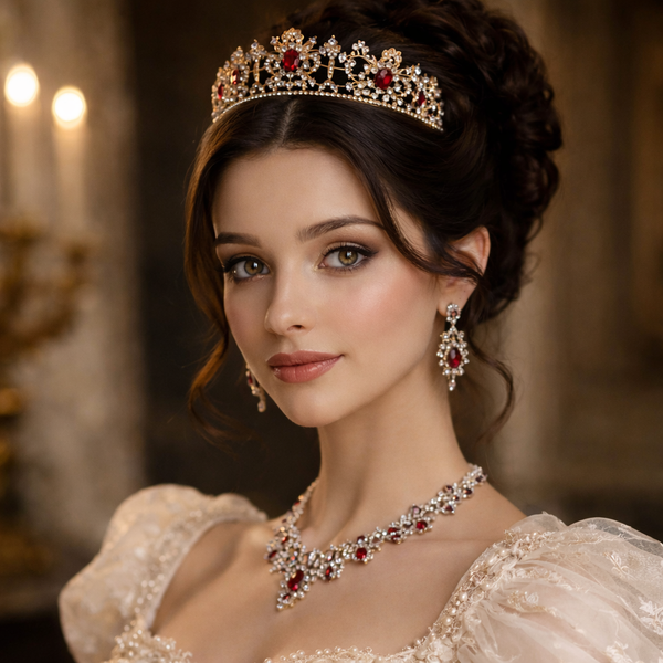 Benjamina's Tiara - A gold-colored metal tiara with clear crystal detailing and red gemstones Modeled - Regency Styled woman with dark hair up and gold and red accessories 
