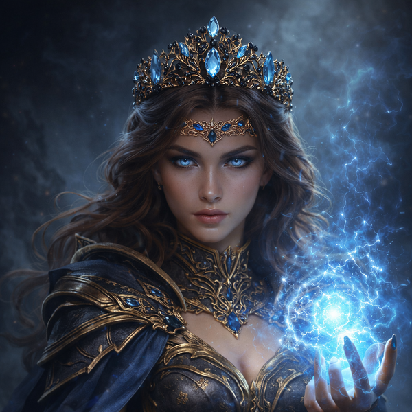 Feminine figure in elaborate armor and crown with glowing blue energy