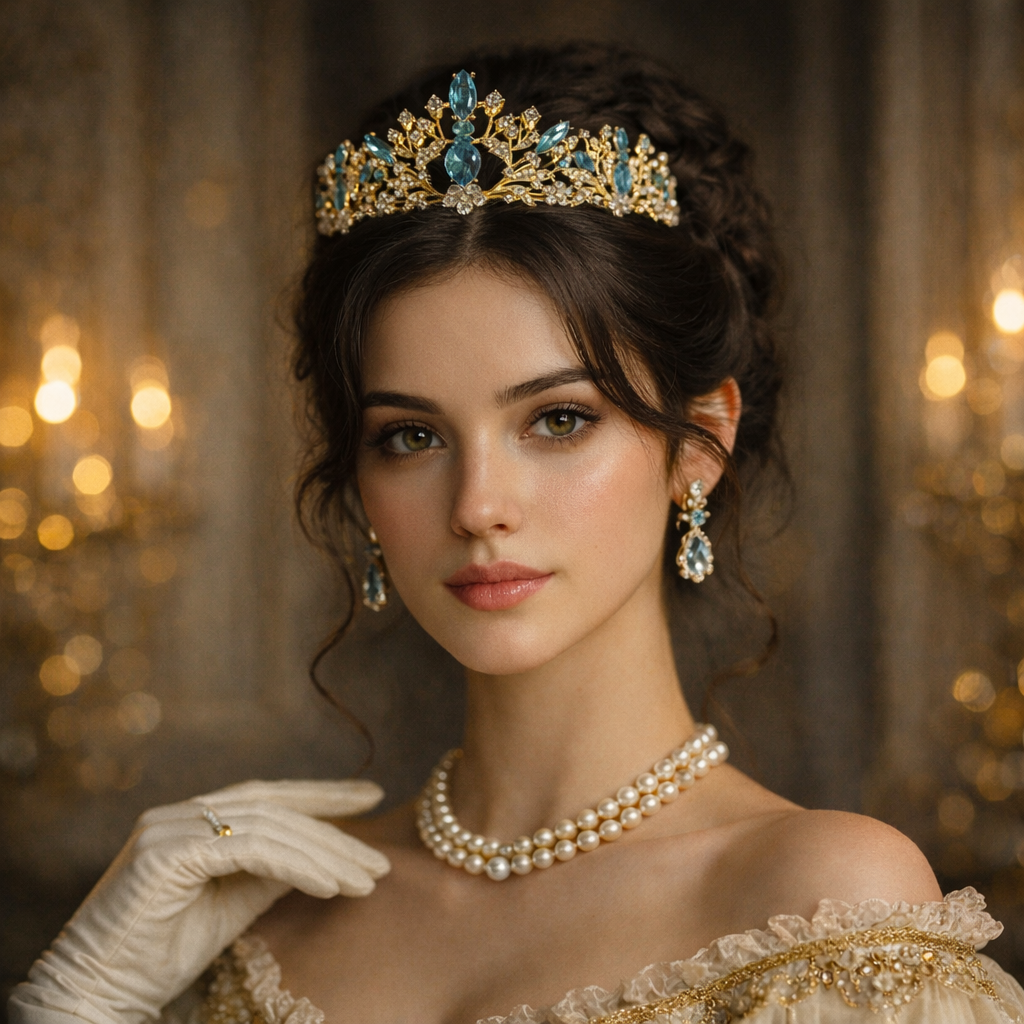 Felicity's Tiara in Light Blue & Gold - A light blue and gold tiara with floral patterns and aqua aquamarine turquoise crystals set in gold-colored metal, displayed against a black background - Modeled Image with young woman with dark hair wearing the tiara with matching earrings, pearl necklace and white gloves. 