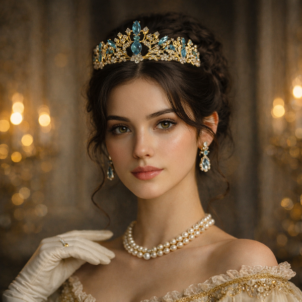 Felicity's Tiara in Light Blue & Gold - A light blue and gold tiara with floral patterns and aqua aquamarine turquoise crystals set in gold-colored metal, displayed against a black background - Modeled Image with young woman with dark hair wearing the tiara with matching earrings, pearl necklace and white gloves. 