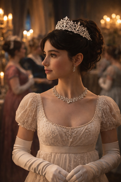 Woman in a historical regency costume with a felicity’s tiara and gloves in a grand setting