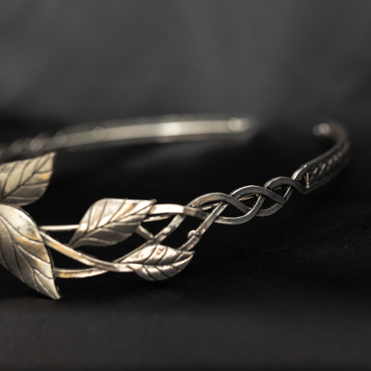 A silver-colored tiara with laurel leaf patterns and a central red stone, presented against a black background. Side view 