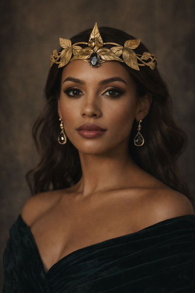 Woman wearing a gold headpiece and black dress against a brown background