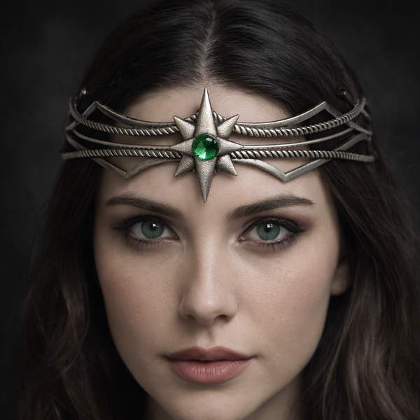 Woman wearing a decorative headband with a green gemstone on a dark background