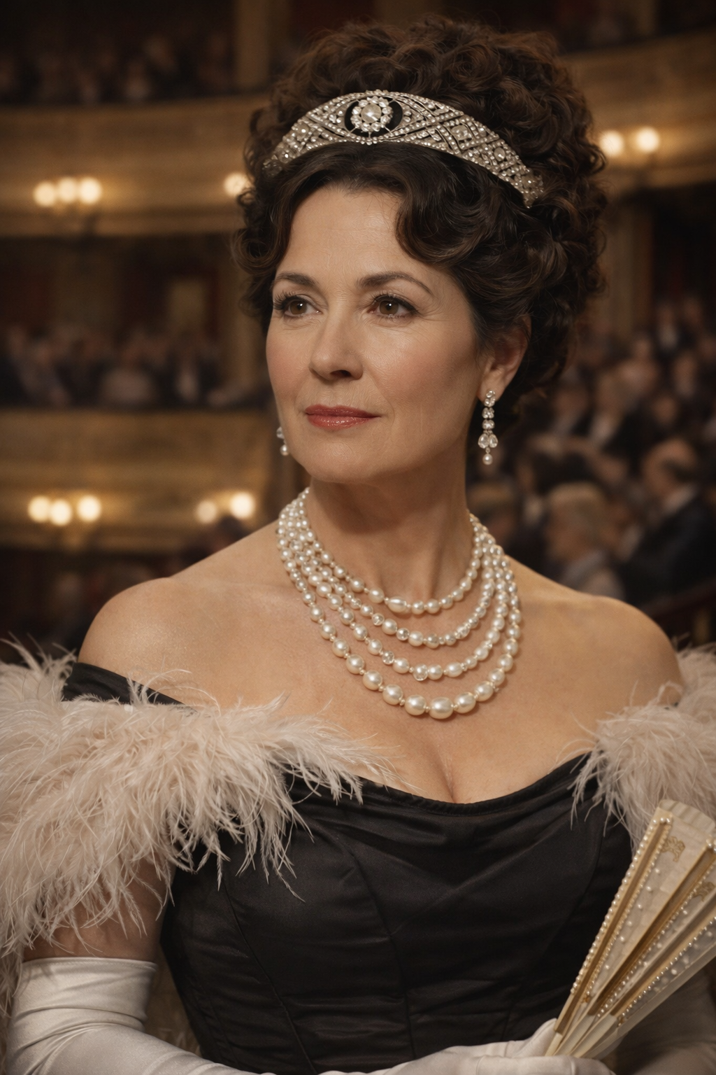 Megan’s Tiara Modeled - elegant woman at the opera wearing megan’s tiara 
