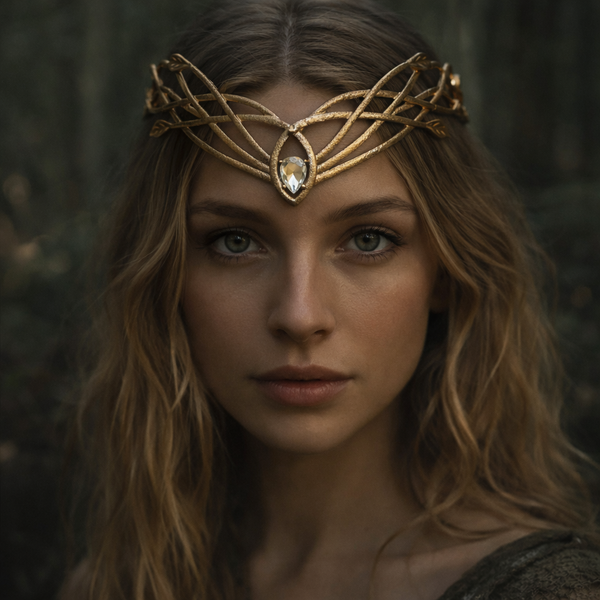 Woman wearing a gold headpiece with a gemstone against a dark background