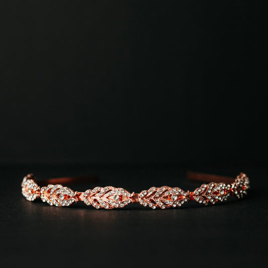Nichole's Rose Gold Head Band with Leaf Appliques - Pink Metal Color Head Band - Center Top View