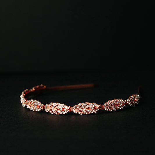 Nichole's Rose Gold Head Band with Leaf Appliques - Pink Metal Color Head Band - center side view