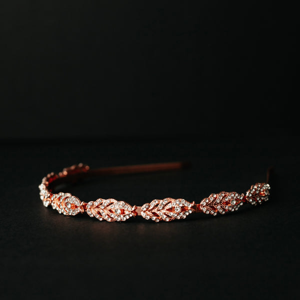 Nichole's Rose Gold Head Band with Leaf Appliques - Pink Metal Color Head Band - center side view