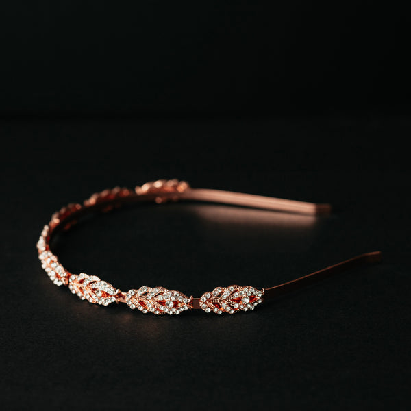 Nichole's Rose Gold Head Band with Leaf Appliques - Pink Metal Color Head Band - Side Center View 