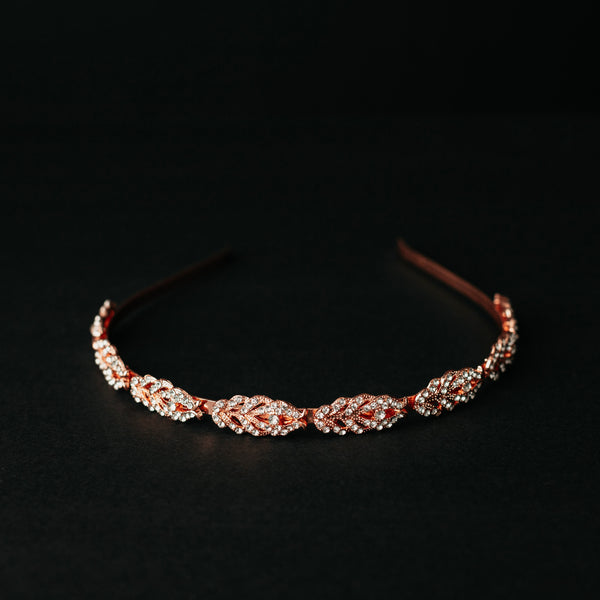 Nichole's Rose Gold Head Band with Leaf Appliques - Pink Metal Color Head Band - Center Top side view