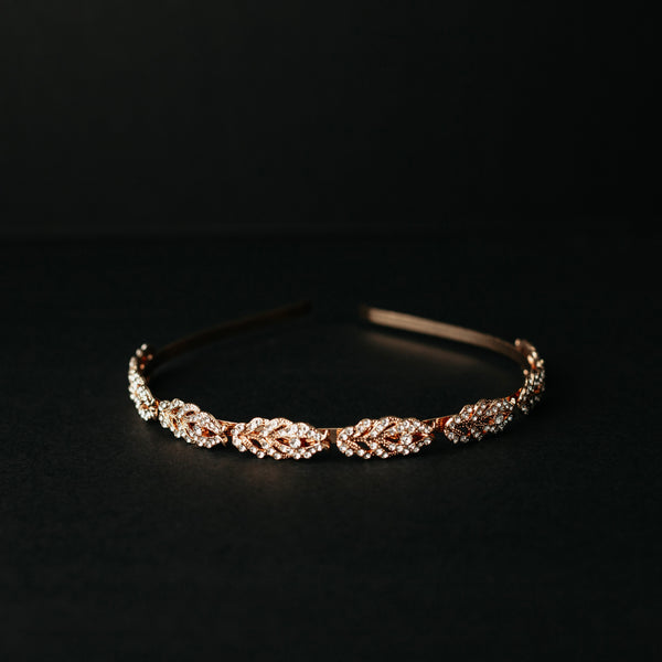 Nichole's Rose Gold Head Band with Leaf Appliques - Pink Metal Color Head Band - Top Side View
