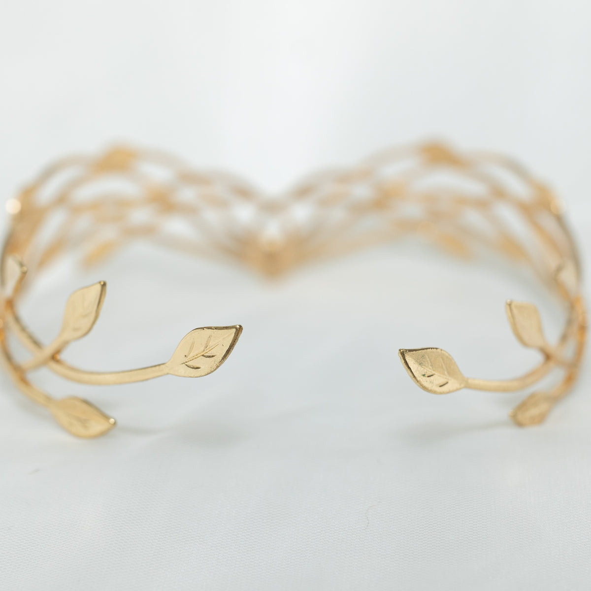 Gold tiara  crown with green gemstone on a light background
