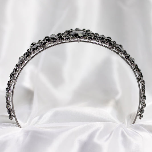 Large tiara with black tear drop crystals set into antique silver color metal - Bottom View