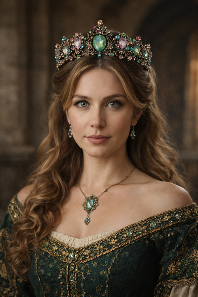 Woman wearing a ornate tiara and necklace against a stone wall background