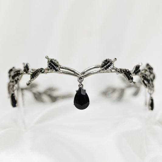 Octavia’s Crystal Drop Head Band in Antique Silver White Gold & Black