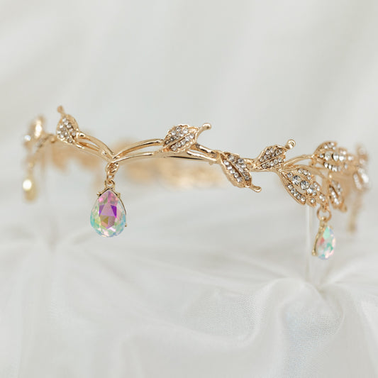 Octavia’s Crystal Drop Head Band in Gold & Faux Opal