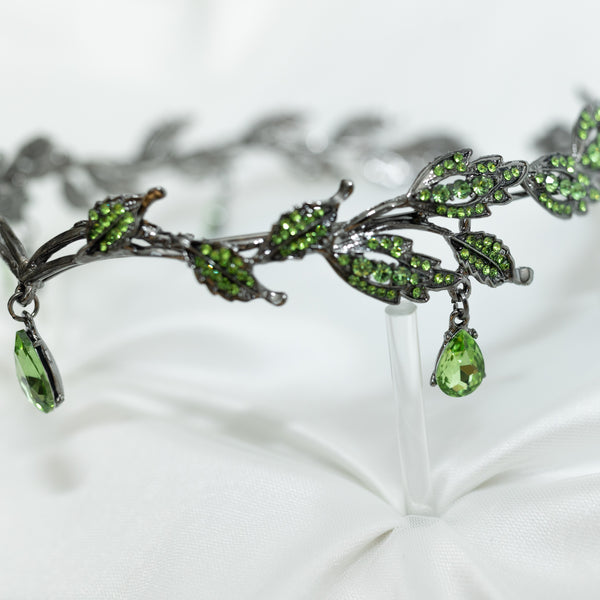 Octavia’s Crystal Drop Head Band in Green & Antique Silver