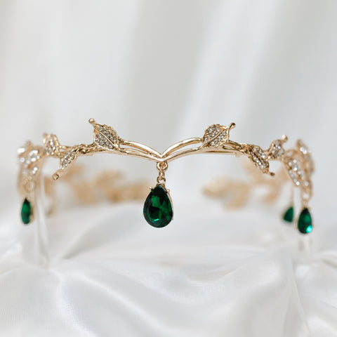 Octavia’s Crystal Drop Head Band in Gold & Green