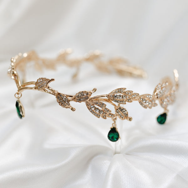 Octavia’s Crystal Drop Head Band in Gold & Green