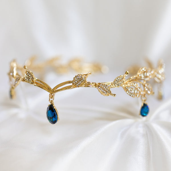 Octavia’s Crystal Drop Head Band in Teal Blue & Gold