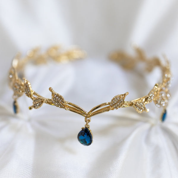 Octavia’s Crystal Drop Head Band in Teal Blue & Gold