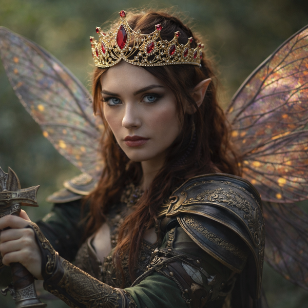 Fairy-like character with armor and a crown holding a sword against a natural background