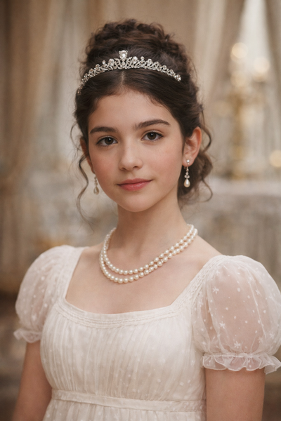 Sadie's Tiara - Petite Small Silver Tiara with Clear Crystals - One larger main crystal tear drop shape and two more tear drop shape crystals on either side, many small clear crystals throughout with leaf and vine metal detailing - Modeled Regency Style - Young Girl with dark hair wearing Sadie in Regency style dress